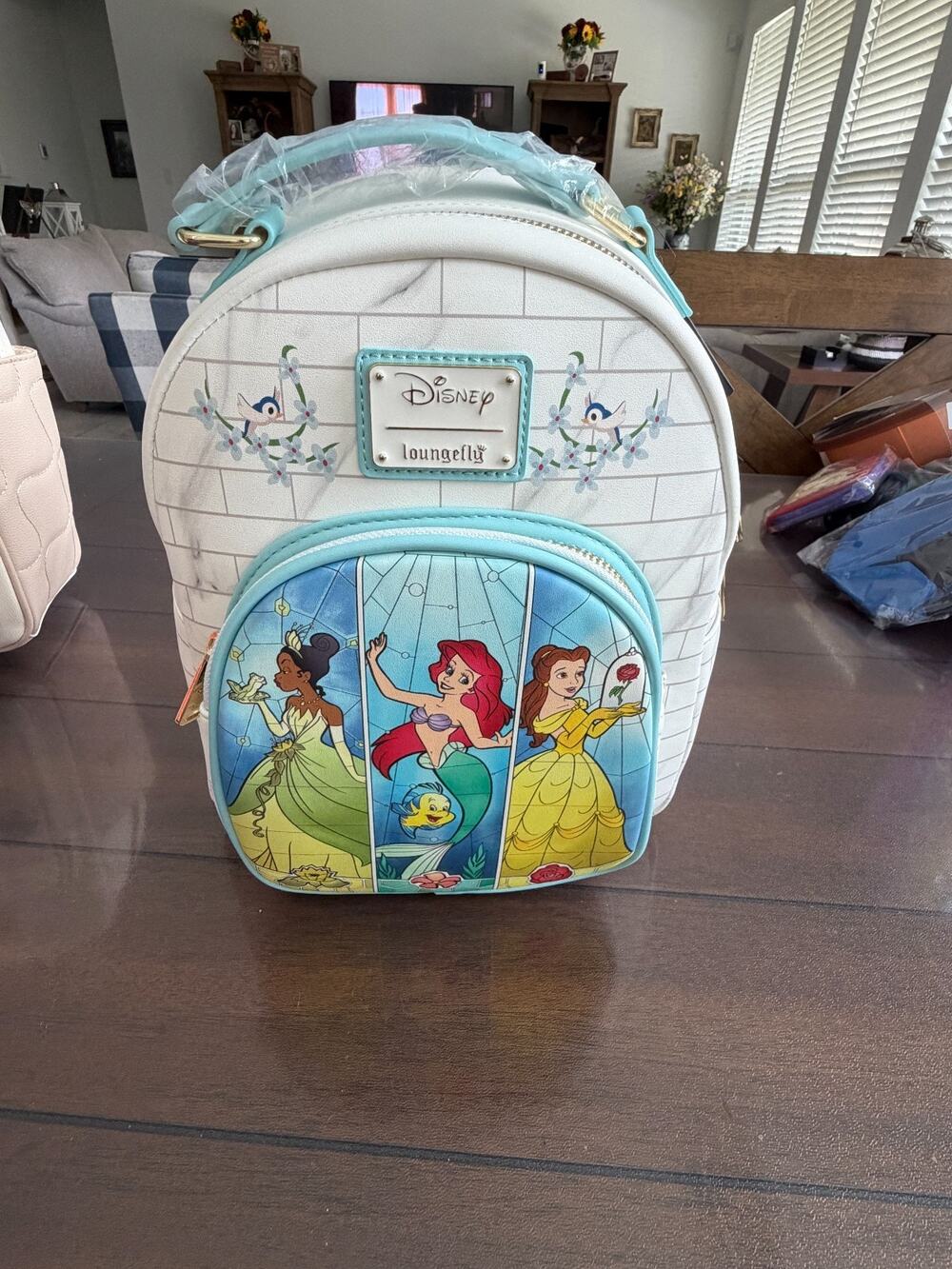 LOUNGEFLY DISNEY PRICESS TIANA ARIEL BELLE STAINED GLASS MINI BACKPACK NWT